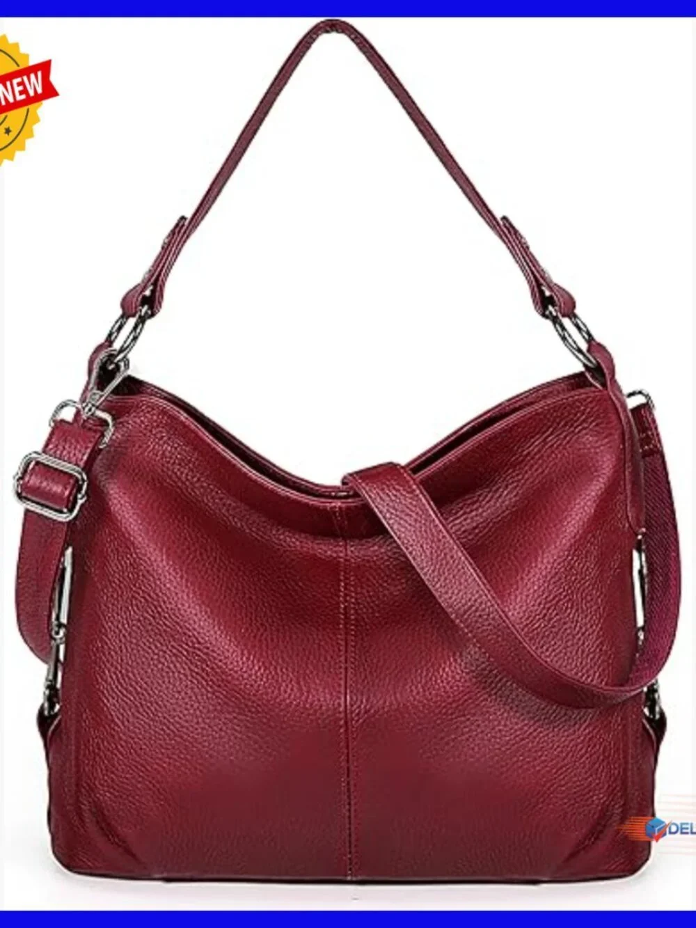 Large Genuine Leather Hobo Shoulder Bag with Crossbody Strap